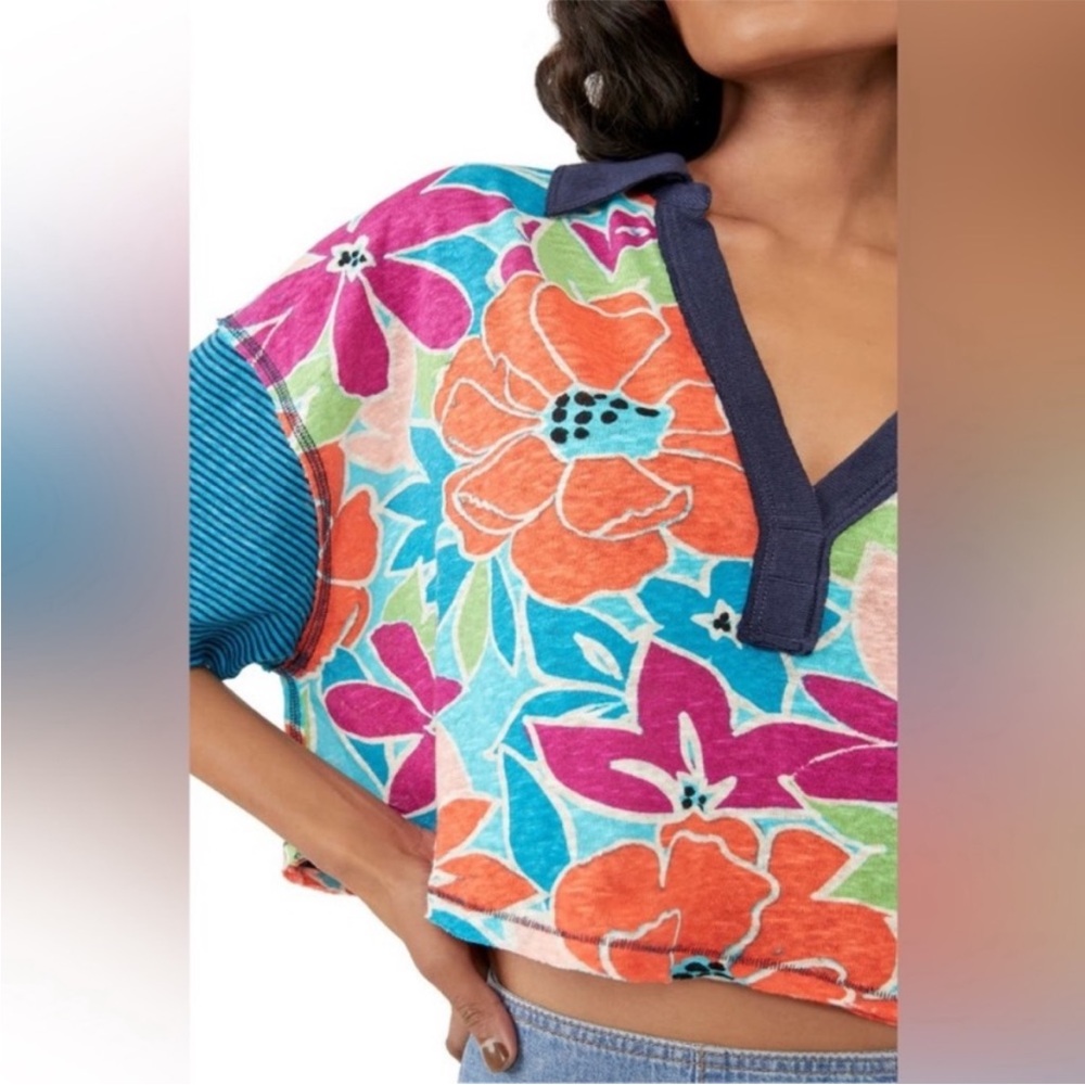 🍒NWT Free People On A Boat Boxy Crop Polo in Coastal. Small. - Picture 3 of 12